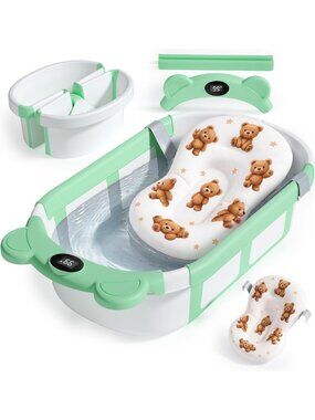 Collapsible Baby Bathtub with Thermometer & Cushion - Large Green, Portable